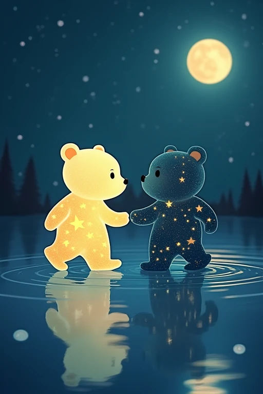 Draw two bears in cartoon style walking inside water at night. Both bears are seethrough and one has a star inside and is glowing yellowish through the light of the star. and the other is dark and looks like a night sly full of stars. Both bears are walking on all four and watch the waves in the water that appear from their footsteps 