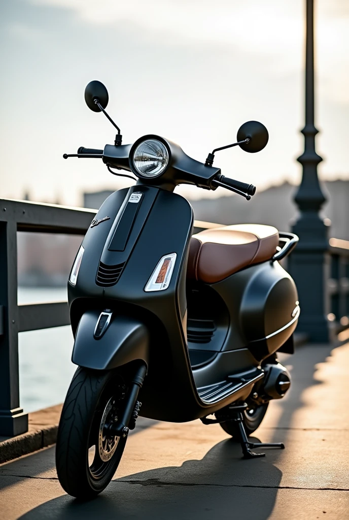 Piaggio vespa notte 125 in matte black on a bridge in day time side view angle