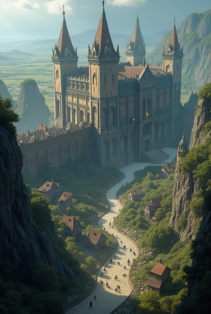 Large Medieval fantasy town with a wall around the town and magical wards and effects on the walls