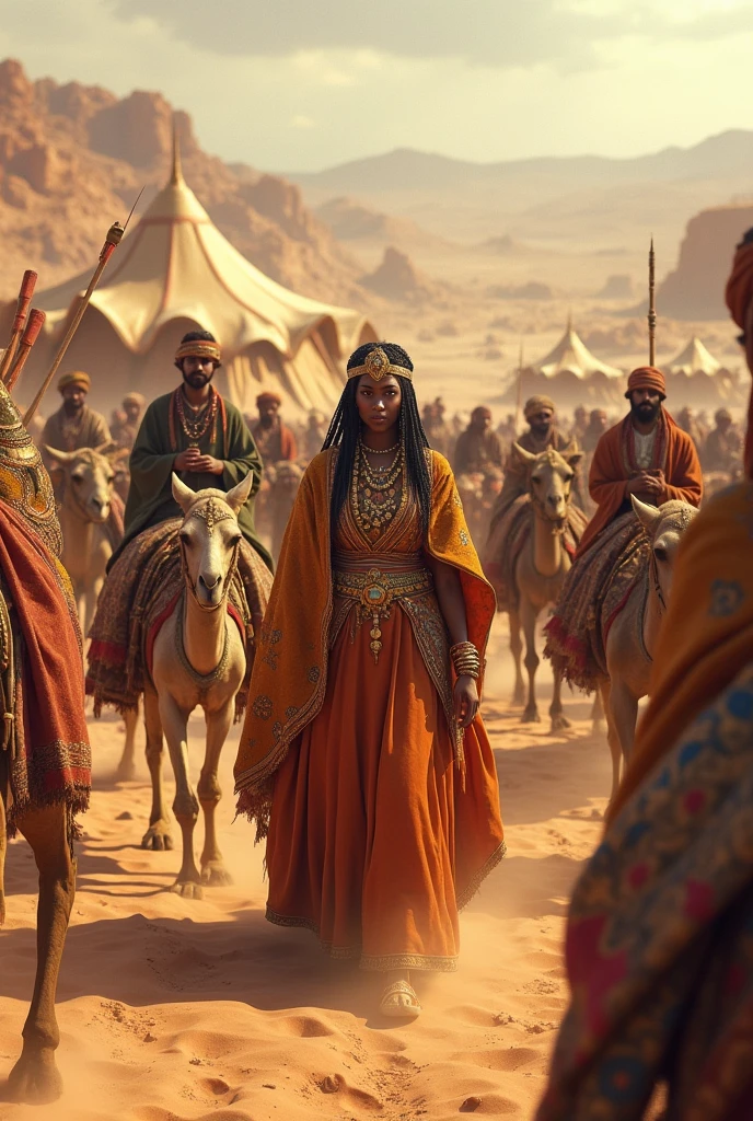 Create a realistic and detailed image of Queen Makeda, the Queen of Sheba, traveling with her grand caravan. The scene should depict a large caravan of camels and donkeys carrying goods, supplies, and gifts. The Queen is surrounded by royal guards, servants, and attendants. Musicians and entertainers are also part of the entourage, providing music and performances. Luxurious tents are set up at a rest stop, with rich fabrics and comfortable furnishings. The landscape should reflect the arid regions of ancient Arabia and Africa, with a backdrop of desert and distant towns.