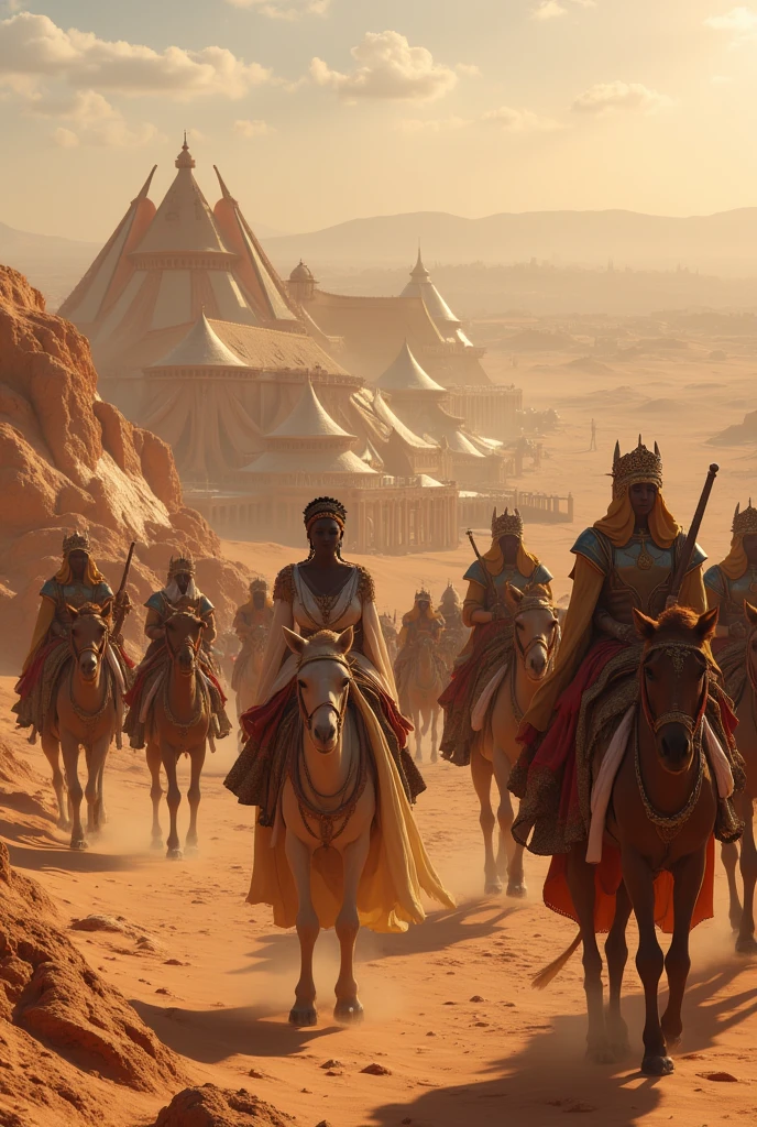 Create a realistic and detailed image of Queen Makeda, the Queen of Sheba, traveling with her grand caravan. The scene should depict a large caravan of camels and donkeys carrying goods, supplies, and gifts. The Queen is surrounded by royal guards, servants, and attendants. Musicians and entertainers are also part of the entourage, providing music and performances. Luxurious tents are set up at a rest stop, with rich fabrics and comfortable furnishings. The landscape should reflect the arid regions of ancient Arabia and Africa, with a backdrop of desert and distant towns.