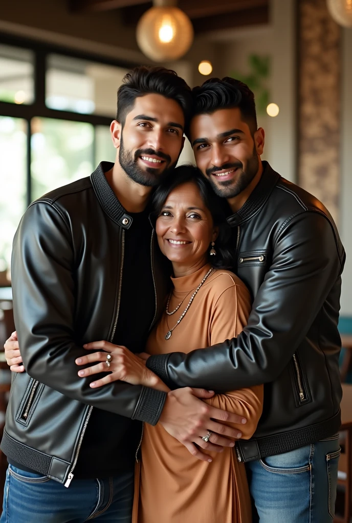 a 2 men’s photo with his mother hugging. good looking men with short beard. skin colour asian fair. face look is combination of Pakistani and Bangladeshi. realistic photo. natural look. background will be a restaurant in Dhaka City. wearing a leather jacket and black tshirt and jeans.