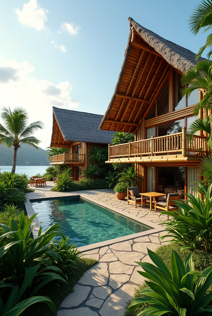 make an big 2-building hotel, environment-friendly with a philippine-native bamboo vibe. one is for standard and have 6 rooms. and the other is for deluxe and have 4 rooms. each rooms in the building consists own separated balcony with a table each intended for in-room dining experience to appreciate the nature around. make it typhoon-proof, the roof is like hut but have a modern aesthetic design. also make a function-hall in the side of the two building, with a small kiosk for a mini bar and handcrafted souvenir. it should be sorrounded by yard and plants, make a pool. it should give justice to our concept semi-eco-friendly hotel.  siargao vibe. 

 take note: 2 buildings only. 

make the photo wide landscape that it can be visualize located in an island. if you know Biri, Northern Samar ot should be located in it. so the buildings should face the beach.