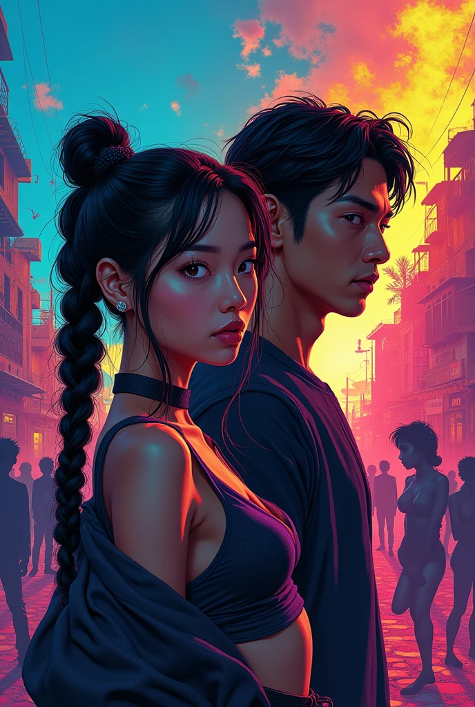 Detailed Description for Book Cover:**
**Elementos visuais:**
fund:The cover must have a vibrant background that evokes the atmosphere of the Rio de Janeiro favela, with a mix of colorful graffiti and urban landscapes at dusk. This represents the dynamic and multifaceted setting of the story..
main character:In the center of the cover, featured Korean Jin-Soo with slanted eyes, with her hair long and tied in a bun or braids, wearing a modern and stylish outfit that matches the aesthetics of funk dance. He must have a confident and resilient expression, reflecting on your journey of overcoming.
Minor character: Next to Jin-Soo, insert John, with his imposing and muscular style, wearing typical favela clothes and an expression that mixes charm and intensity. His presence should convey the power and complexity of the relationship with Jin-Soo..
Villains: in background whith, add silhouettes or shaded figures of the villains, with traces of envy and hostility. They should be partially hidden., creating a subtle contrast with the main characters and adding a sense of tension and conflict.
Elements of Funk: Include visual elements associated with funk dance, like musical notes or a stylized dance floor, to capture the energy and atmosphere of the ball.
**Predominant Colors:**
vibrant hues: Use a vibrant color palette like neon blue, hot pink and yellow to convey the energy and liveliness of the favela and funk dance scene.
contrasts: Combine these vibrant colors with darker, more somber tones to highlight tension and drama in the narrative., like black and dark gray.
Light and Shade: Use light and shadow effects to create a sense of depth and highlight key elements of the cover, reflecting the emotional tone of the story.
Emotional Tom:
Dynamic and Intense: The cover should reflect the intensity and complexity of the story, with a mix of vibrant and dark elements to convey both the energy of funk and the