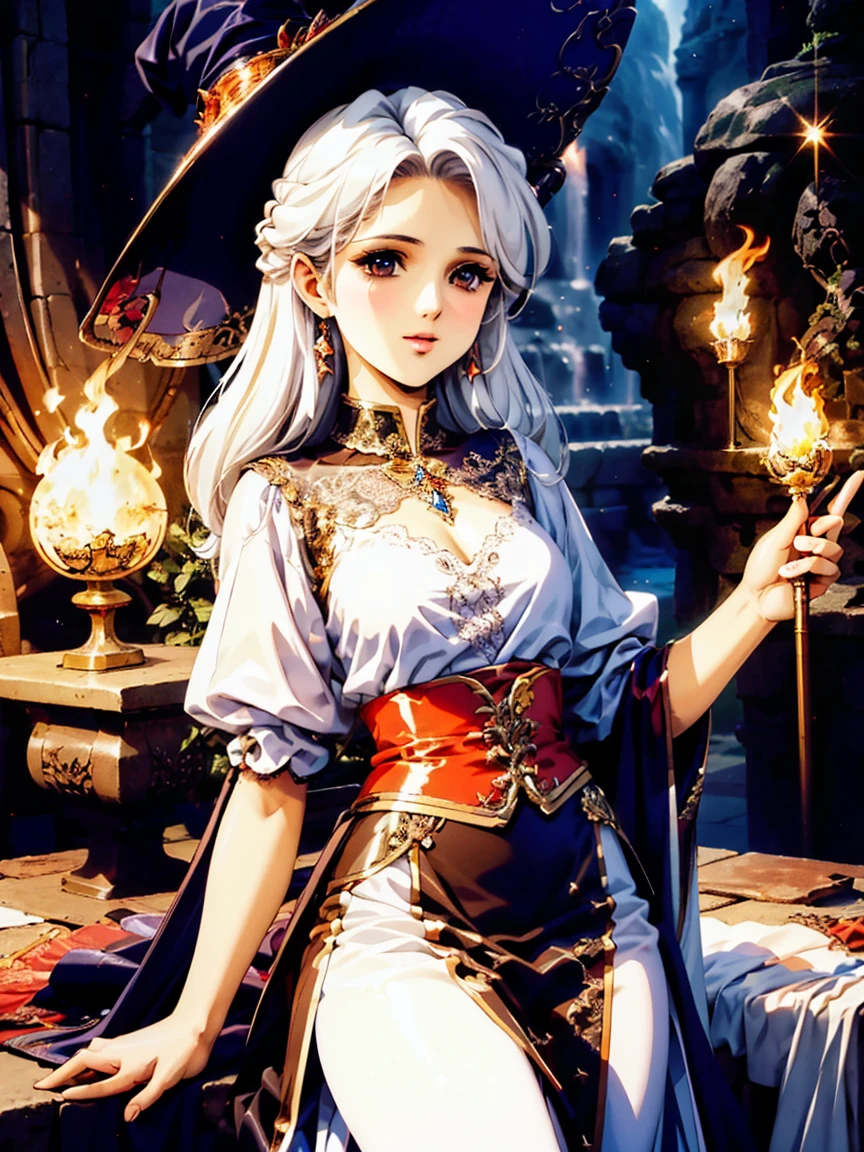 (masterpiece), best quality, Very detailed, A Magus girl with white hair holdding a magical，Hart neckline，Fire Magic，Big fireball，Flame Wall， Witch Hat, Lace-trimmed skirt, Classical European costumes，Red and black clothing, Holding a magic wand, Magic lights, 