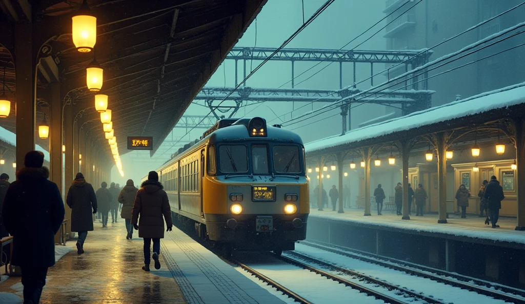 90s century staton, 90s century train, 90 century people, train at japanes station, snowy night, people wear winter clots, yellow bulbs, fog,