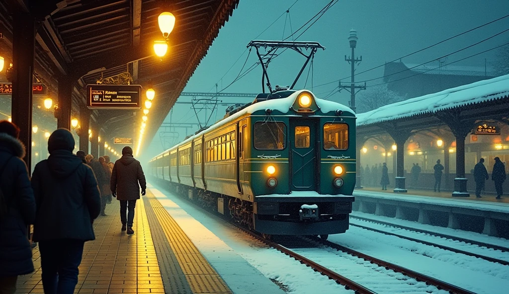 90s century staton, 90s century train, 90 century people, train at japanes station, snowy night, people wear winter clots, yellow bulbs, fog,