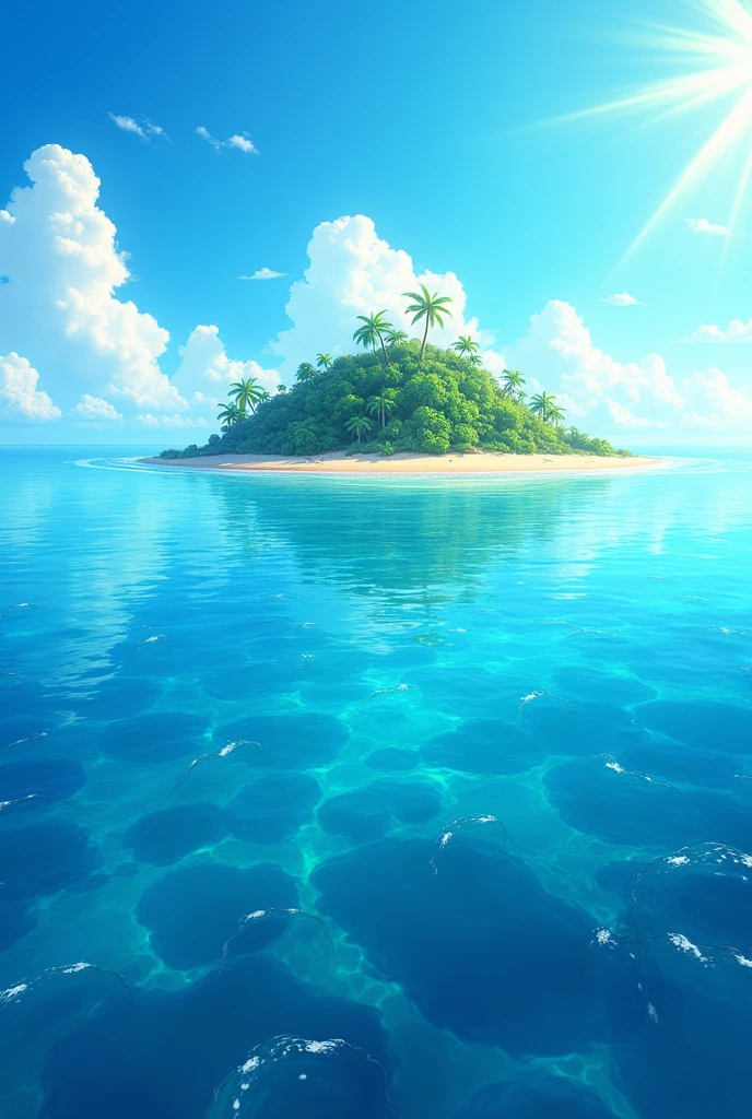 A gigantic sea with crystal clear waters and small waves. Far away from this sea, there is a small island with a beach on the edge and small forests, the sky is blue and the sun is shining, I want vibrant and very eye-catching colors, comic book style.