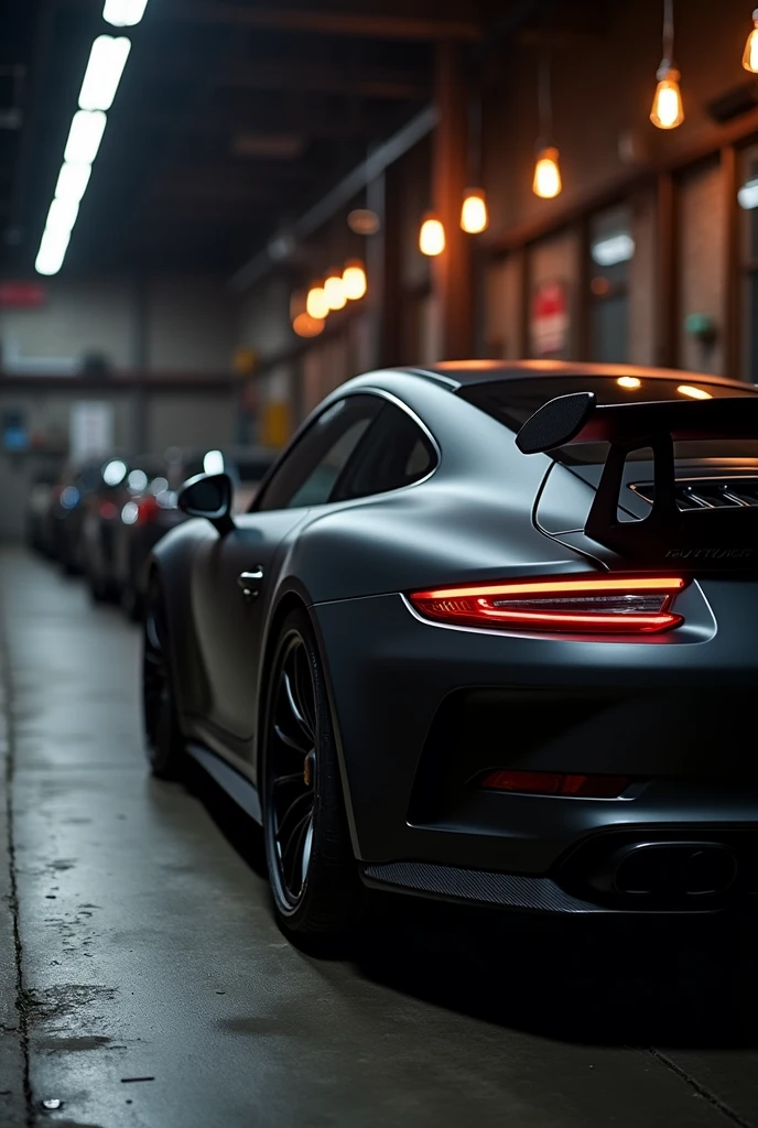 Porsche 911 GT3 car, matte black color, carbon, inside an industrial style loft, black walls, New york, cinema lights, realism, great detail, focus on the car, bokeh fondo, view from the side of the complete car,