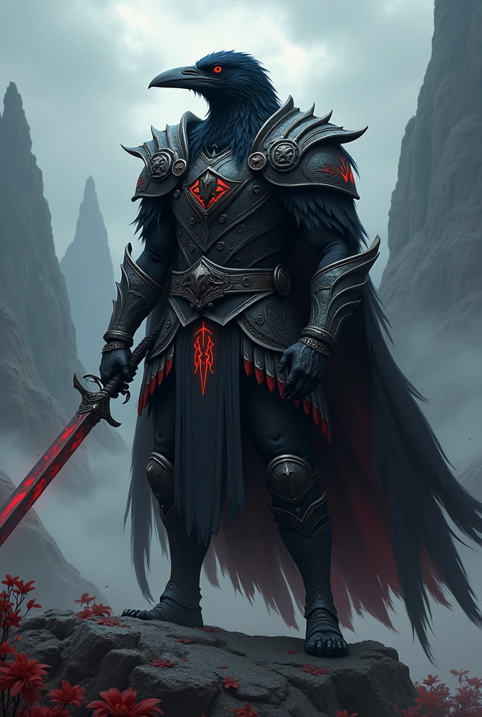 a crow warrior from the side with a sword in dark fantasy style