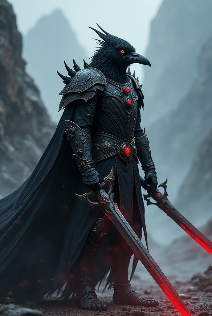a crow warrior from the side with a sword in dark fantasy style
