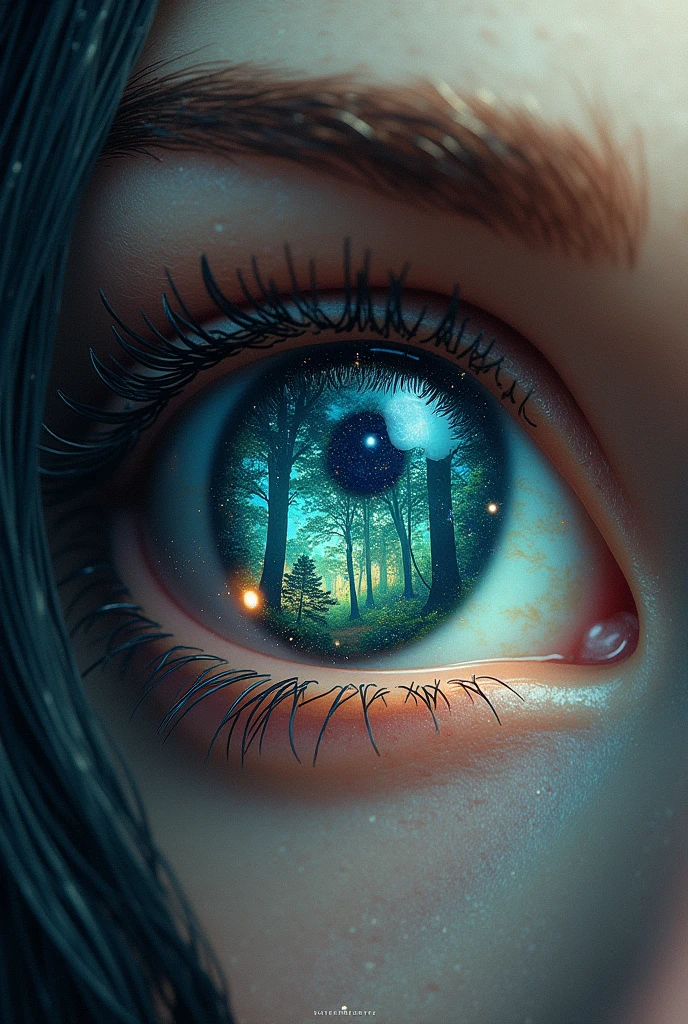 Eye with iris showing the universe and the pupil showing a forest 