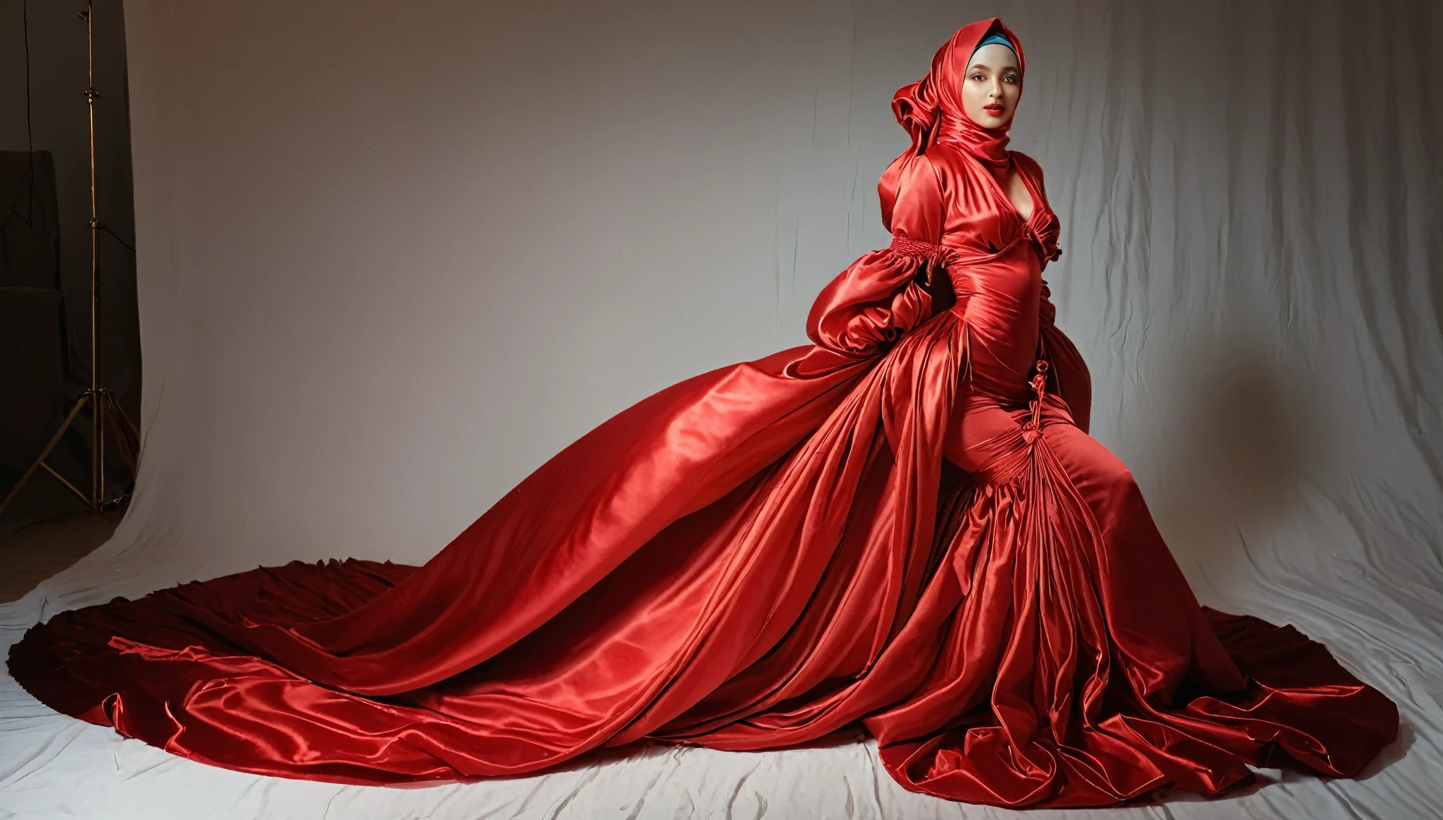 A woman shrouded in a 10-meter-long, plush red satin cloth, ballon sleeves,tight clothing from the waist to the thighs, tightly bound and grandly draping along the form of her body, flowing off into a pooled floor-length train, styled in a mermaid-inspired outfit, her head modestly veiled in a satin hijab, 185 height woman, walk in photo studio, a full-body pose conveying a sense of elegance, captured in a 4k resolution, ultra-realistic