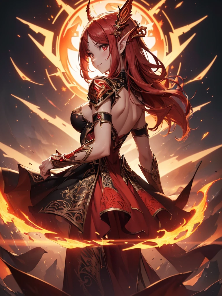 (((best quality, sharp image, clear image, cinematic lighting, 8k resolution, masterpiece, ultra detailed, intricate))) Girl, sorcerer, cute, intricate dress, smiling, fiery red, ((intricate background)), (rune frame), dimension, ((shot from behind)), fire sigils, chaotic background, ((half-body shot))