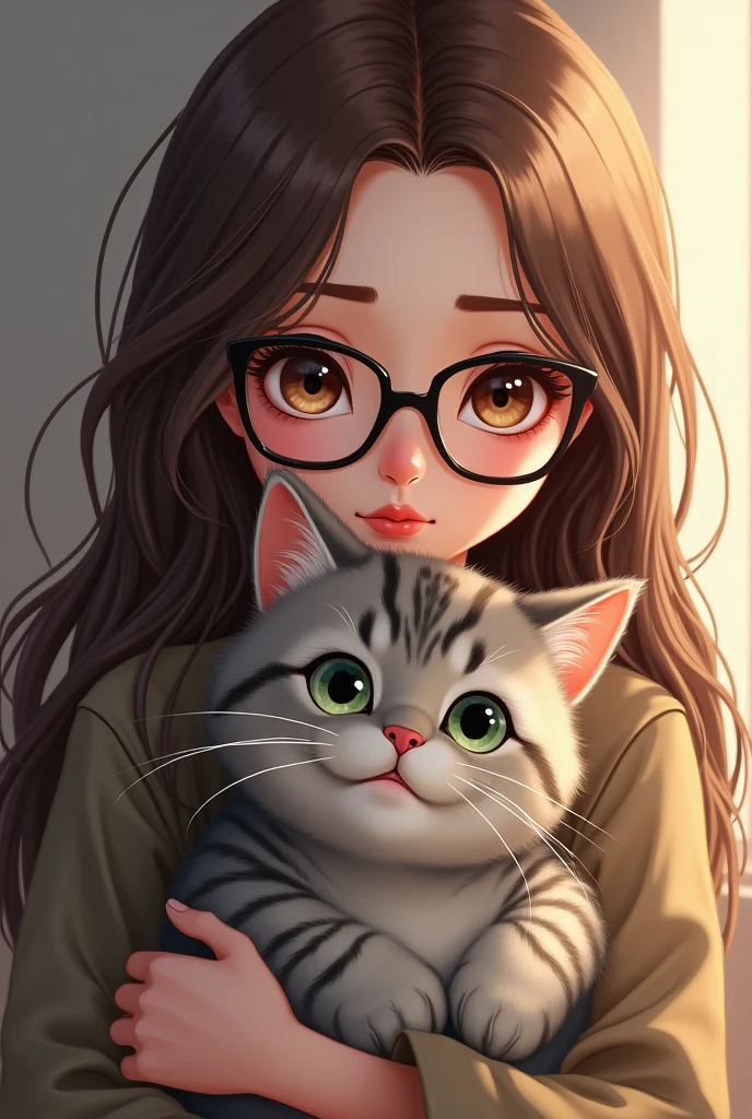 A girl with longo Brown hair, With black and square glasses but not too much, with Hazel eyes And she has a full mouth with perfect cupid's bow and she has a perfect nose, and the girl has a cat in her arms gray with dark gray stripes and light green eyes and is a little chubby
