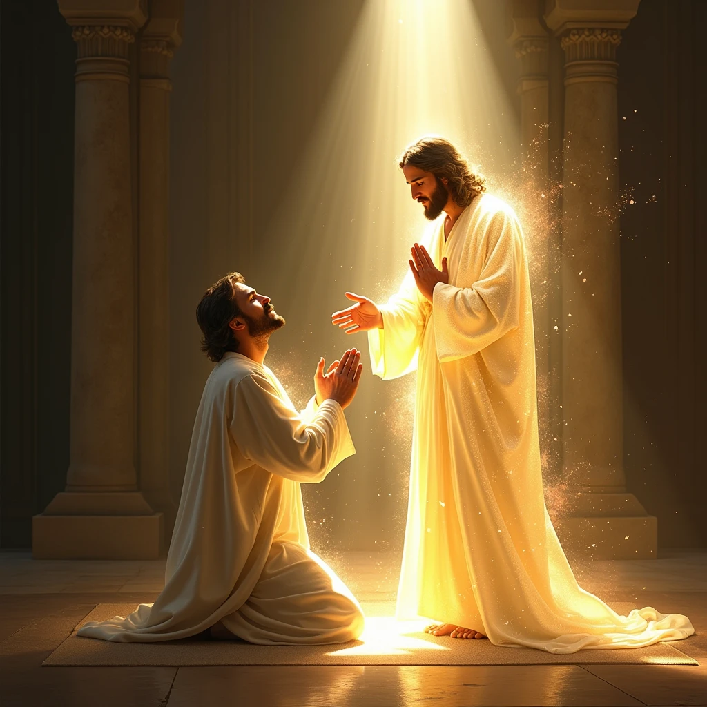 Illustrate a man kneeling in a quiet, serene chapel, his hands clasped in prayer. He is wearing a robe that appears woven with threads of light, reflecting peace and salvation. Jesus stands before him, His hand gently touching the man’s head, a brilliant light radiating around them, capturing the joy and spiritual transformation.