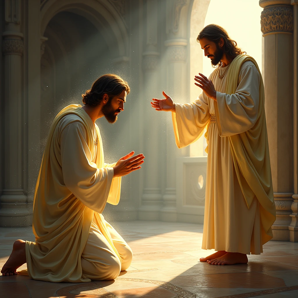 Illustrate a man kneeling in a quiet, serene chapel, his hands clasped in prayer. He is wearing a robe that appears woven with threads of light, reflecting peace and salvation. Jesus stands before him, His hand gently touching the man’s head, a brilliant light radiating around them, capturing the joy and spiritual transformation.