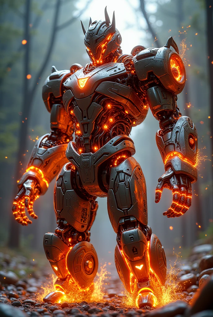 An Award Winning Super-Detailed Dark Glowing Out of this-world creation look of an ultra-high-definition 8K 4D render of a Sparking Fusion Wiring and Liquid Fire Cybertronian robot made of copper wiring