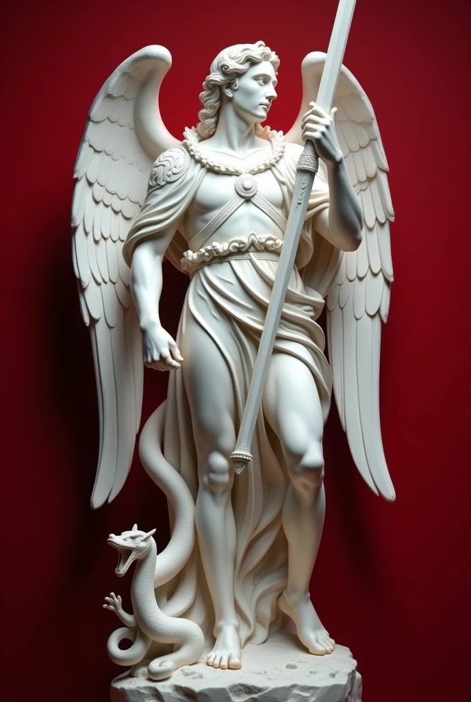Claro, posso te ajudar com isso. Aqui está uma descrição detalhada da imagem de São Miguel Arcanjo em inglês, com foco em elementos visuais e simbólicos:
**A detailed description of the image in English:**
The image depicts Saint Michael the Archangel, a prominent figure in Christian art. He is portrayed as a warrior angel, standing tall and imposing against a rich red backdrop. The statue is carved from white marble, lending it a sense of purity and strength.
* **Pose and Stance:** Saint Michael stands with his left foot firmly planted on a defeated serpent, symbolizing his triumph over evil. His right leg is slightly bent, and he holds a sword aloft in his right hand. This pose conveys both power and authority.
* **Attire:** The Archangel is dressed in a classic armor, consisting of a breastplate, a short skirt, and greaves. His armor is adorned with intricate details, suggesting his divine status. Over the armor, he wears a flowing cloak, which adds a sense of movement and dynamism to the statue.
* **Facial Features:** Saint Michael's face is serene and determined, reflecting his role as a protector. His eyes are wide open, and his gaze is fixed on the defeated serpent. His hair is long and curly, often a characteristic feature of angelic depictions.
* **Wings:** The angel's wings are large and feathered, extending out from his back. They are often depicted as golden or white, symbolizing purity and divine power. In this particular image, the wings are detailed with intricate patterns, adding to the overall sense of grandeur.
* **Symbolism:** The serpent beneath Saint Michael's feet represents Satan, the embodiment of evil. By trampling on the serpent, the Archangel demonstrates his victory over sin and darkness. The sword he holds is a symbol of divine justice and his role as a warrior for God.
**Overall Impression:**
The statue of Saint Michael the Archangel is a powerful and evocative work of art. The artist has successfully captured the Archangel's streng