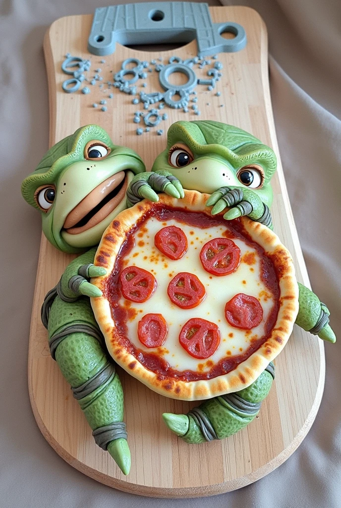 There is a pizza shaped like a turtle on a cutting board., ninja turtle eating pizza, Cute Pizza Monster, an anthropomorphic turtle, animal shaped bread, pizza!, michael angelo inspired, as an anthropomorphic turtle, pizza, anthropomorphic turtle, food art, inspired by Michelangelo, Mitch McConnell as a turtle, pizza cosmos, mmmmm Super realistic