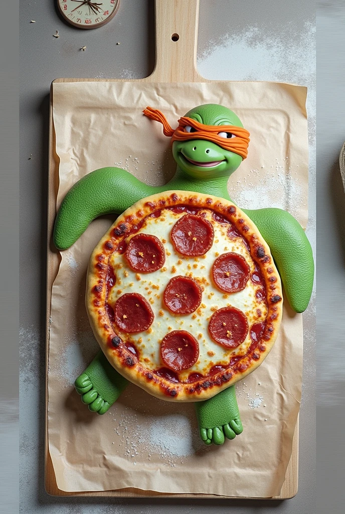 There is a pizza shaped like a turtle on a cutting board., ninja turtle eating pizza, Cute Pizza Monster, an anthropomorphic turtle, animal shaped bread, pizza!, michael angelo inspired, as an anthropomorphic turtle, pizza, anthropomorphic turtle, food art, inspired by Michelangelo, Mitch McConnell as a turtle, pizza cosmos, mmmmm Super realistic