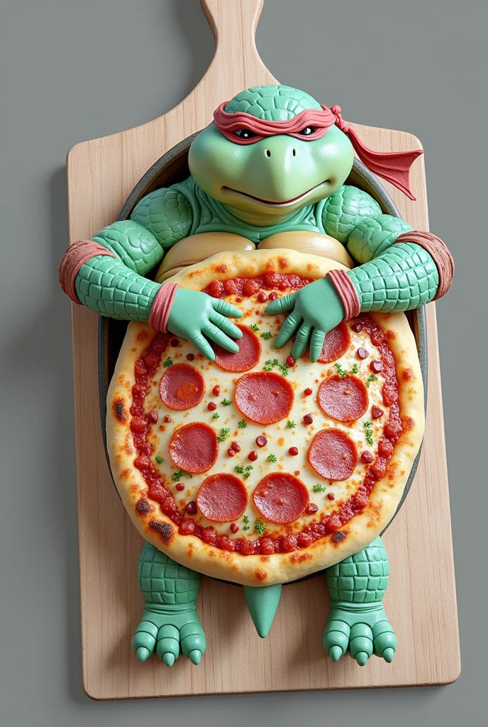 There is a pizza shaped like a turtle on a cutting board., ninja turtle eating pizza, Cute Pizza Monster, an anthropomorphic turtle, animal shaped bread, pizza!, michael angelo inspired, as an anthropomorphic turtle, pizza, anthropomorphic turtle, food art, inspired by Michelangelo, Mitch McConnell as a turtle, pizza cosmos, mmmmm Super realistic