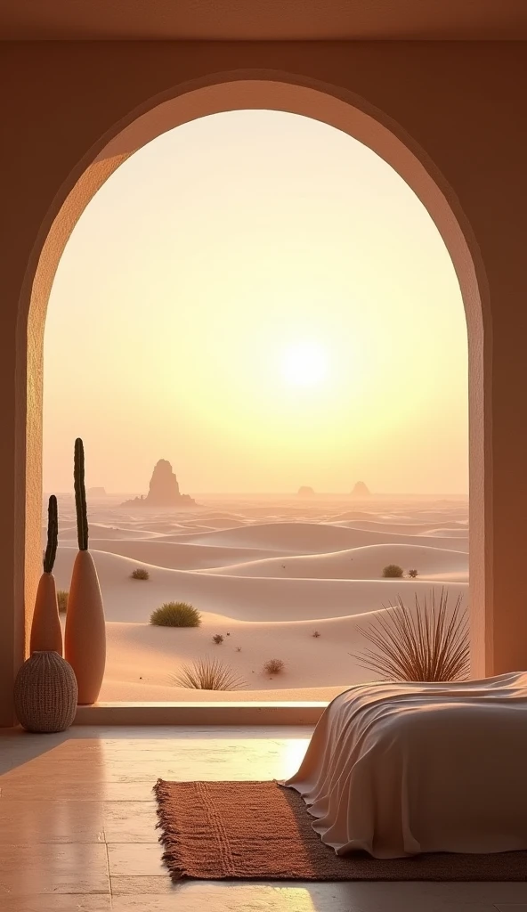 A bedroom with a large window overlooking vast desert dunes, glowing in the soft pink and orange hues of dawn. The sand is smooth and untouched, with gentle curves that stretch endlessly. Sparse desert vegetation and distant rocky formations add texture to the landscape. Inside the room, minimalist decor with warm, earthy tones matches the desert’s color palette, creating a calm and exotic feel.