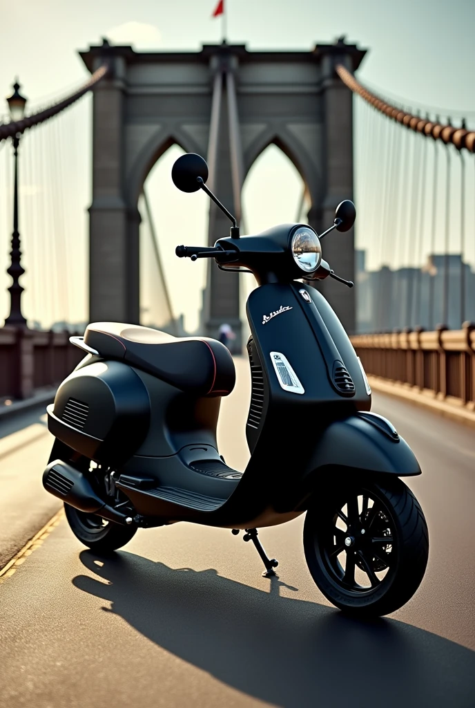 Piaggio vespa notte 125 in matte black on a bridge in day time and create the photo from side ways