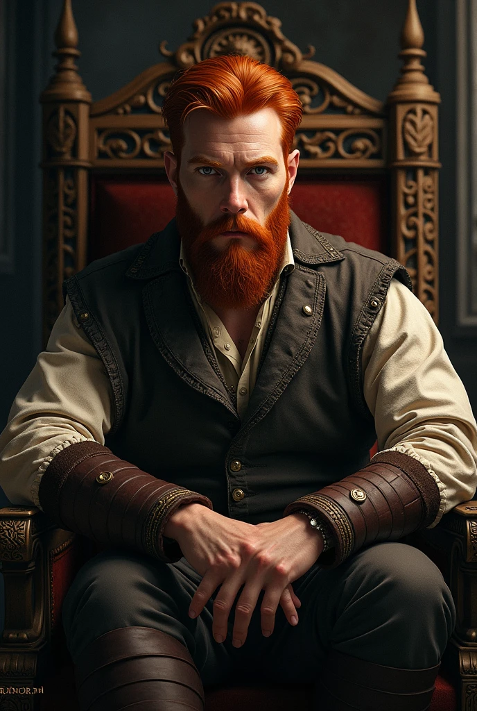 redhead man with small beard, seated in a chair, wearing ancient military clothes, looking at camera
