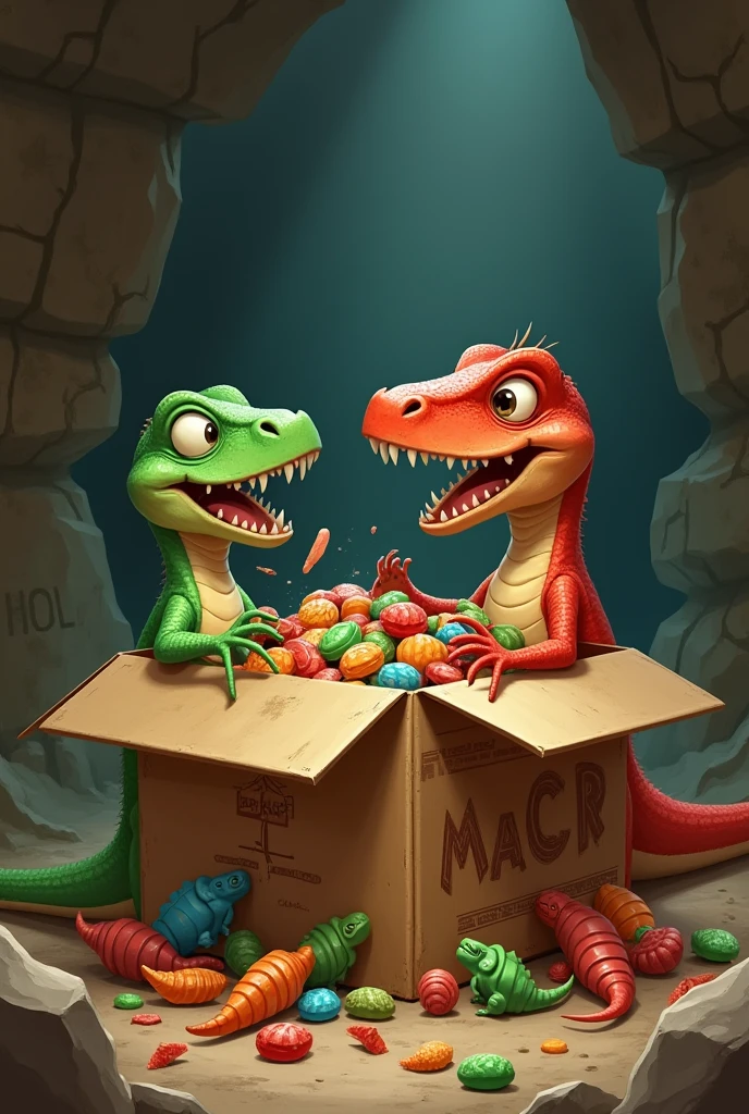 Discovery of the Treasure: inside the cave, There is an open box full of vintage toys and dinosaur candy.. Lila the green lizard and Max the red velociraptor are playing with toys and eating candy, with big smiles on their faces.

