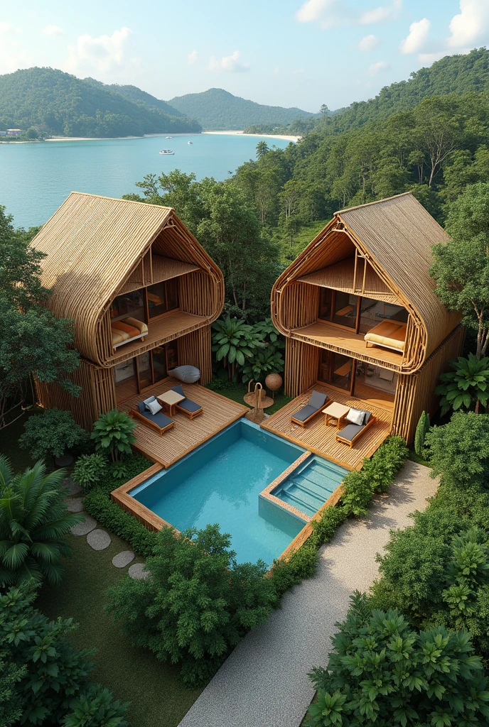make an big 2-building hotel, environment-friendly with a philippine-native bamboo vibe. one is for standard and have 6 rooms. and the other is for deluxe and have 4 rooms. each rooms in the building consists own separated balcony with a table each intended for in-room dining experience to appreciate the nature around. make it typhoon-proof, the roof is like hut but have a modern aesthetic design. also make a function-hall in the side of the two building, with a small kiosk for a mini bar and handcrafted souvenir. it should be sorrounded by yard and plants, make a pool. it should give justice to our concept semi-eco-friendly hotel. siargao vibe.
take note: 2 buildings only.
make the photo wide landscape that it can be visualize located in an island. if you know Biri, Northern Samar ot should be located in it. so the buildings should face the beach.