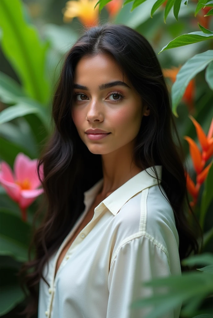 A Brazilian woman with long black hair in a lush tropical garden, wearing a white shirt with a close-up capturing the harmonious beauty between her breasts and the natural flowers, showing off your natural charm and outgoing personality.