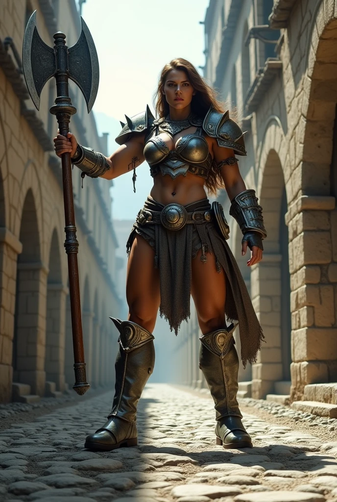 giant woman with battle axe in hand in a ancient street, low angle,Panty shot、Woman warrior、Leg spread