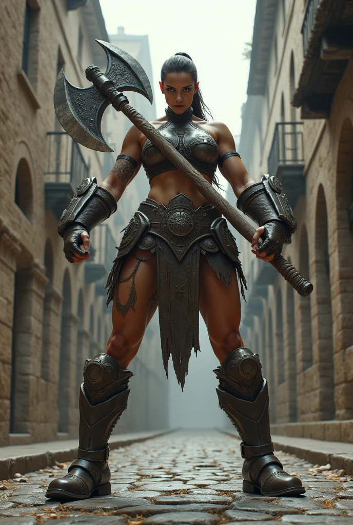 giant woman with battle axe in hand in a ancient street, low angle,Panty shot、Woman warrior、Leg spread