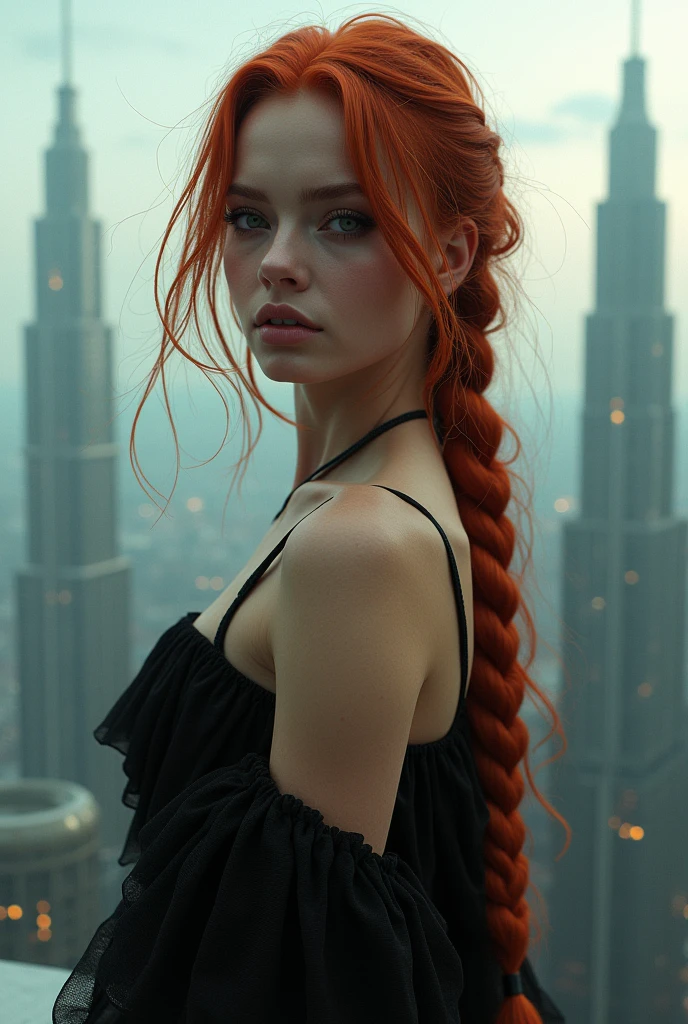Huge sprawling city bladerunner 2049 style,fisheye effect,Hailee steinfeld,Extreme Closeup,young woman,white invisible background,young Caucasian woman standing on rooftop below towering futuristic lattice buildings,Smokey eyes ,black flowing dress blowing in wind,thigh leaning forwards,looks like joi ,beautiful makeup,skin imperfections,sensual, sunset,braided red hair ,makeup,bokeh, looks like joi from blade runner,looks like ana de armas,stylish hair ,ultra HD,intricate details,3d render,hyper maximalist,light pouring in window, Premium, Superior, Professional, Flawless, Exquisite, High- end, Photorealistic, Textured, Impressive, Hyperrealistic, High- resolution, Lifelike, Masterpiece, High dynamic range (HDR), PBR (Physically Based Rendering), Post- processing effects, Dynamic composition, Ray tracing, Ultra detailed, High quality, Sharp focus, Translucency, Naturalistic, Organic textures, Highly detailed, Details, Full HD, Depth of field, Realistic lighting