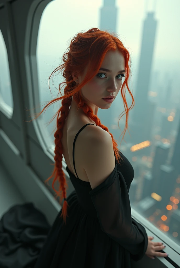 Huge sprawling city bladerunner 2049 style,fisheye effect,Hailee steinfeld,Extreme Closeup,young woman,white invisible background,young Caucasian woman standing on rooftop below towering futuristic lattice buildings,Smokey eyes ,black flowing  dress blowing in wind,thigh leaning forwards,looks like joi ,beautiful makeup,skin imperfections,sensual, sunset,braided red hair ,makeup,bokeh, looks like joi from blade runner,looks like ana de armas,stylish hair ,ultra HD,intricate details,3d render,hyper maximalist,light pouring in window, Premium, Superior, Professional, Flawless, Exquisite, High- end, Photorealistic, Textured, Impressive, Hyperrealistic, High- resolution, Lifelike, Masterpiece, High dynamic range (HDR), PBR (Physically Based Rendering), Post- processing effects, Dynamic composition, Ray tracing, Ultra detailed, High quality, Sharp focus, Translucency, Naturalistic, Organic textures, Highly detailed, Details, Full HD, Depth of field, Realistic lighting