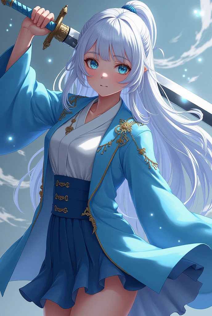 Woman, 19yearsold, long white hair, with blue tips, eyes blue as the sky, sword with light blue handle, art of kimetsu no yaiba, in the uniform of the oni hunters, with skirt, and light blue haori with details 