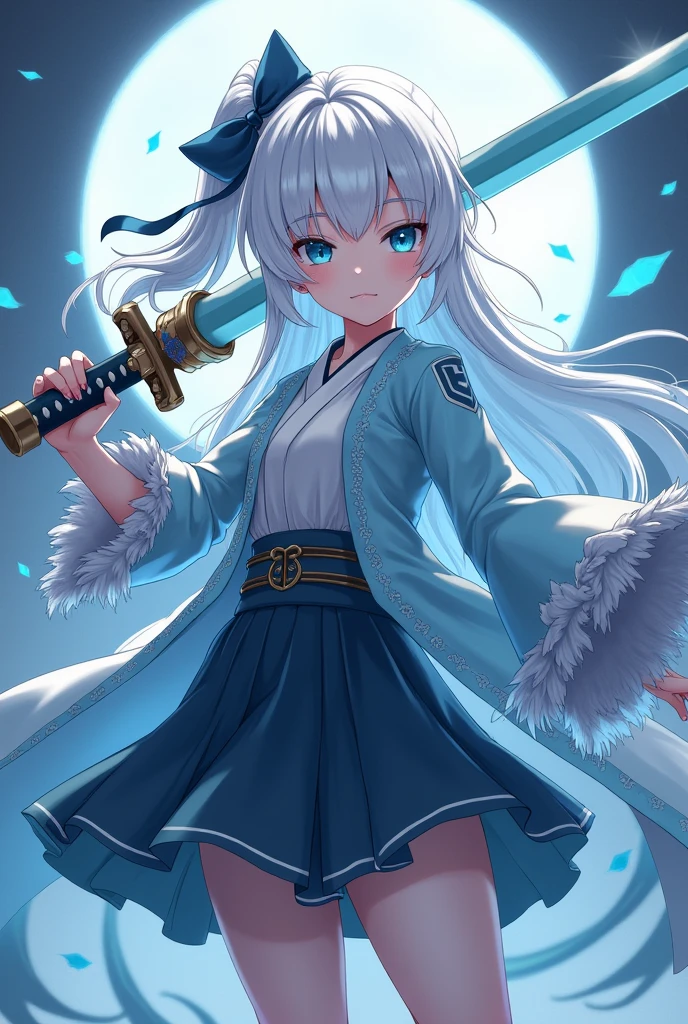 Woman, 19yearsold, long white hair, with blue tips, eyes blue as the sky, sword with light blue handle, art of kimetsu no yaiba, in the uniform of the oni hunters, with skirt, and light blue haori with details 