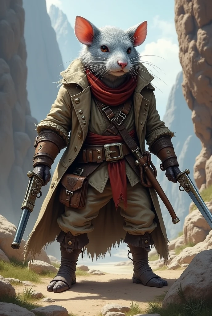 A gray and white furred pathfinder ratman with a flintlock pistol in his left hand and a short sword in his right hand dressed like a privateer