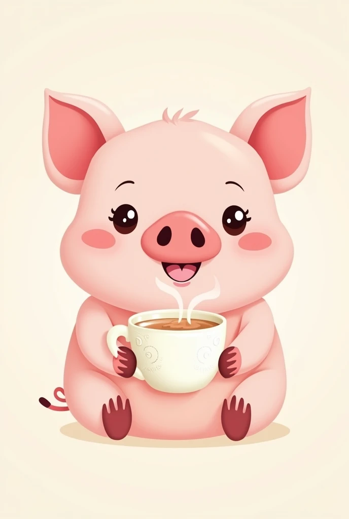 Design me a logo in light pink tone of a pig holding a cup of milk tea with text: Pig Milk Tea