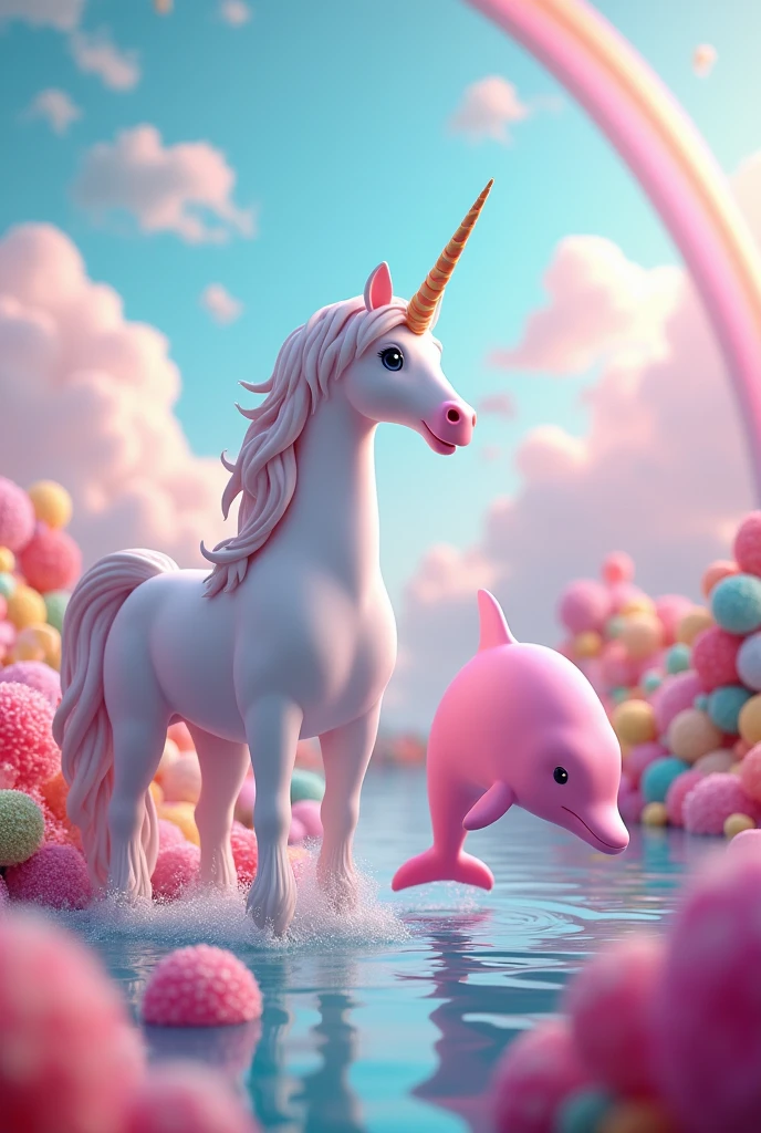 Add a colorful background and a unicorn and a pink dolphin and put a rainbow in the background that looks realistic and lots of candy and it looks even more crazy. Remove the dolphin's horn.
