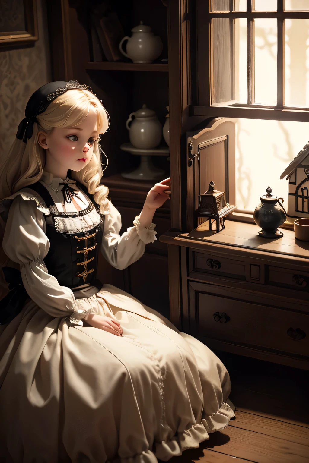 Beautiful porcelain doll and a dark fantasy dollhouse