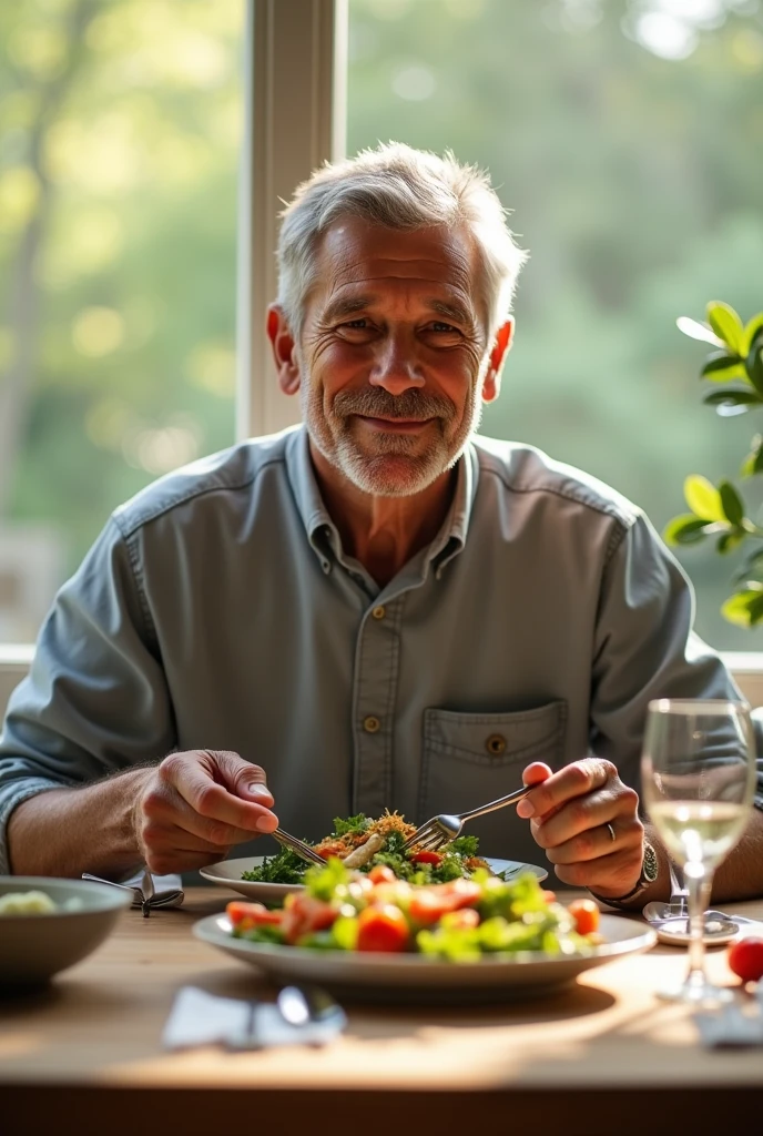 Create an image of a middle-aged man enjoying a healthy meal