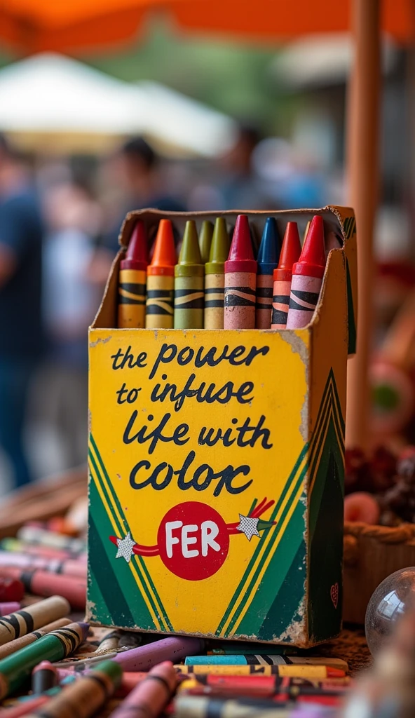 A box of crayons at the flea market, with a message that said: "These crayons have the power to bring color to your life."