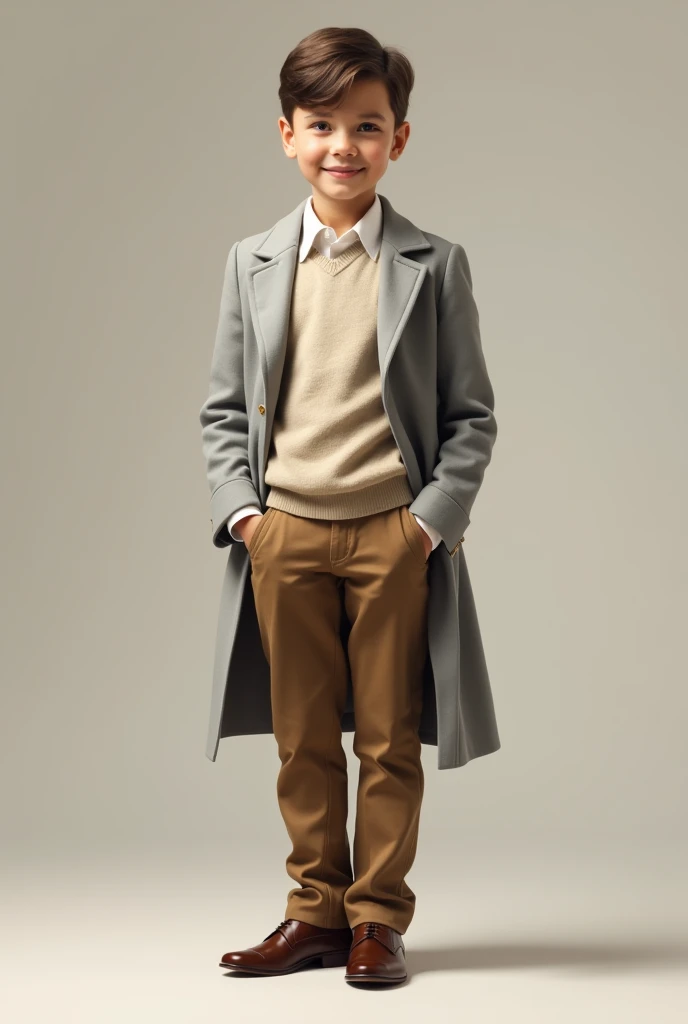 Real  boy in brown drill pants, con polluver beige, White shirt, light grey coat and brown shoes (elegant)