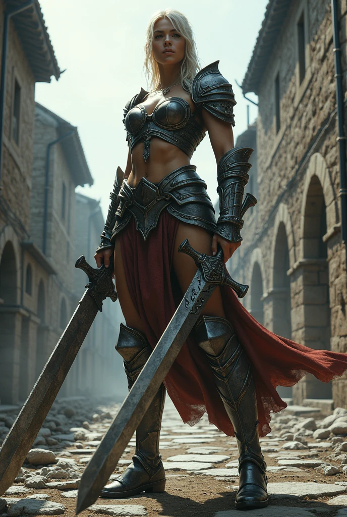 giant woman with battle sword in hand in a ancient street, low angle,Panty shot、Woman warrior、Leg spread