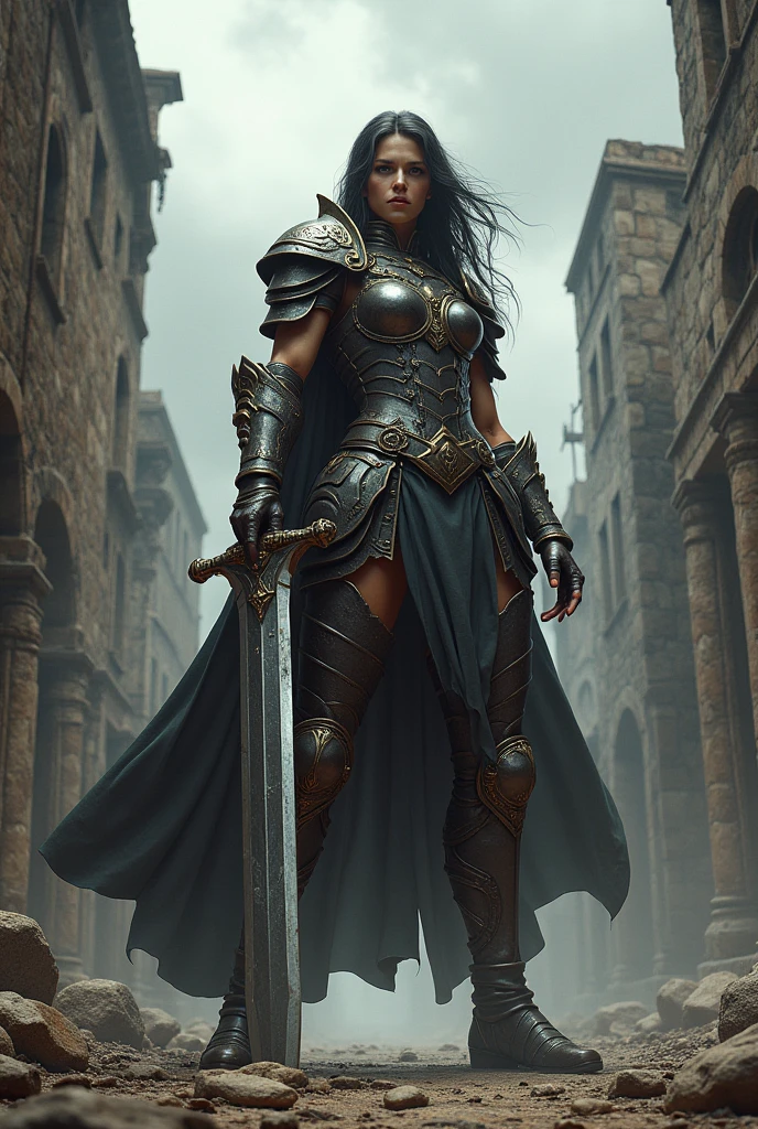 giant woman with battle sword in hand in a ancient street, low angle,Panty shot、Woman warrior、Leg spread