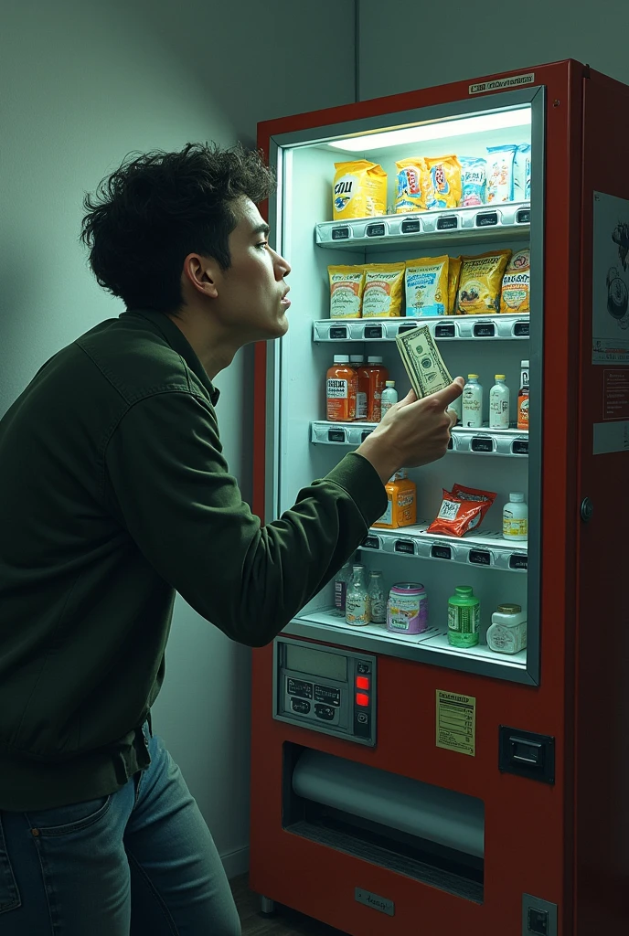 Concept: A person standing in front of a vending machine, with their head stuck inside, as if they’ve been swallowed by it. The machine is filled with not just snacks, but also pills, alcohol miniatures, and credit cards. The figure’s hand is visible outside the machine, desperately clutching a few dollar bills.