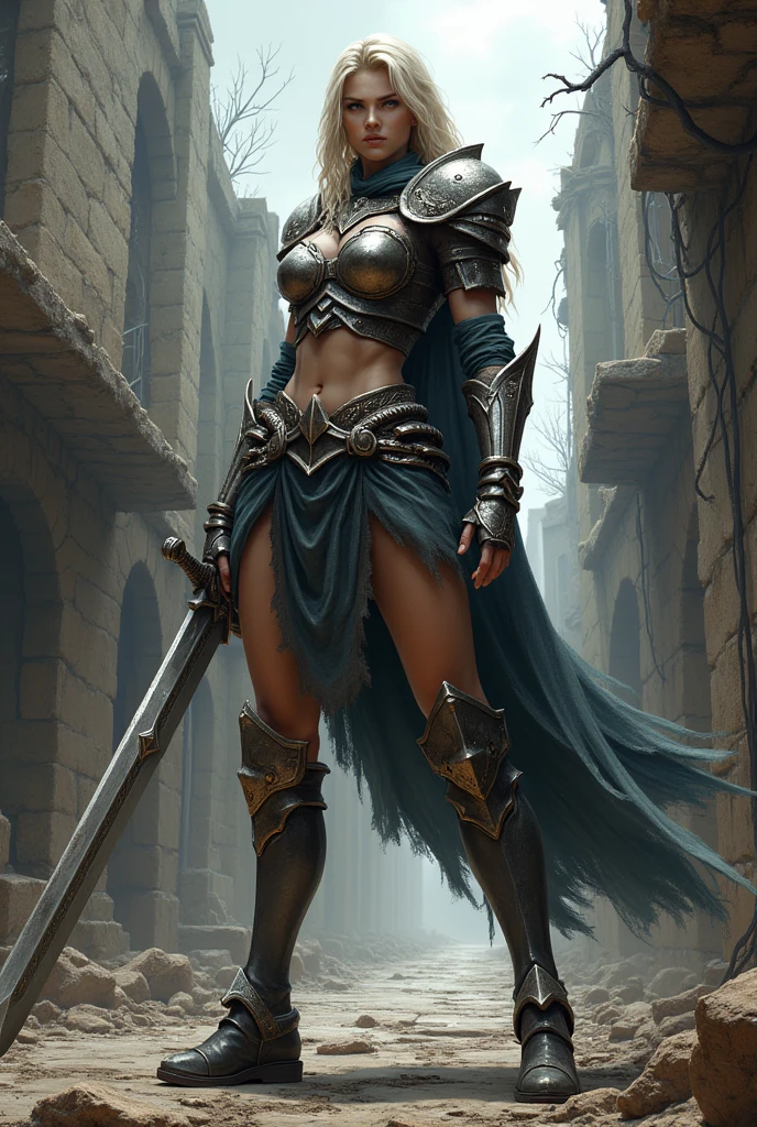 giant woman with battle sword in hand in a ancient street, low angle,Panty shot、Woman warrior、Leg spread