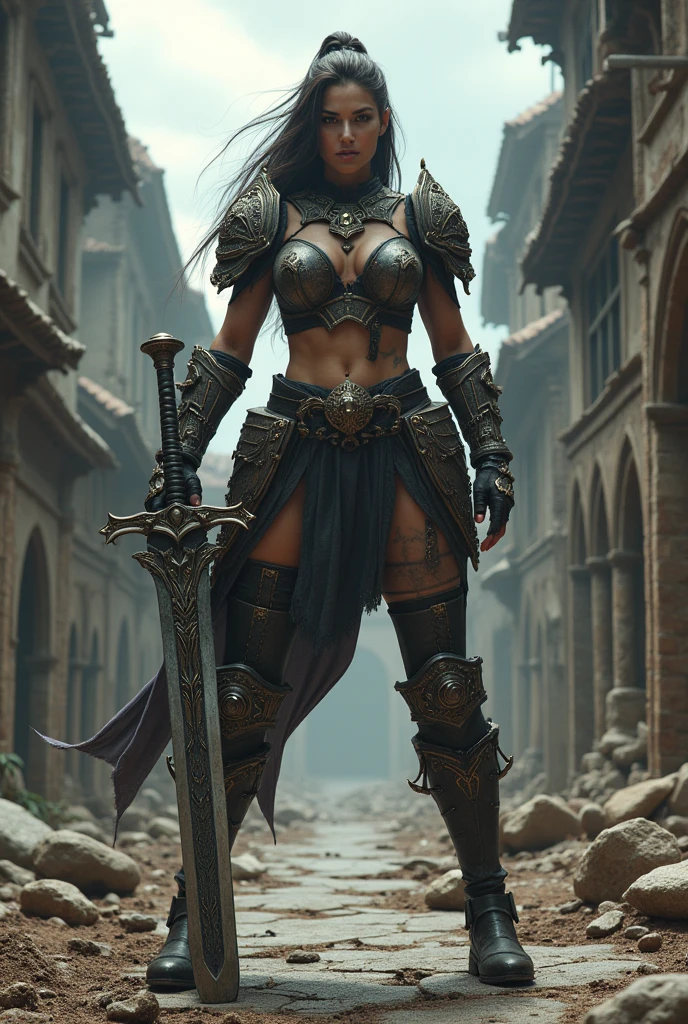 giant woman with battle sword in hand in a ancient street, low angle,Panty shot、Woman warrior、Leg spread